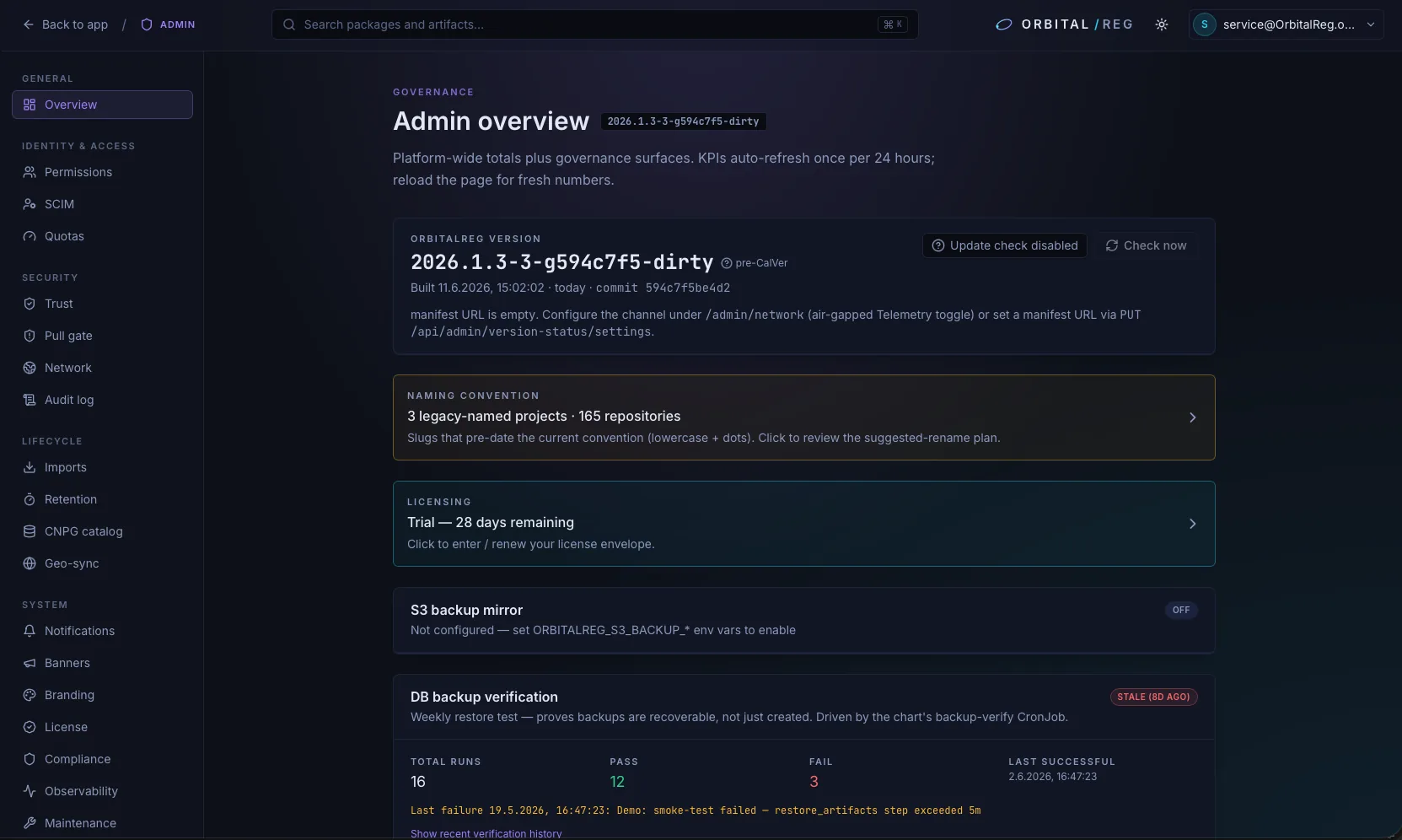 Admin overview with version, licensing and backups