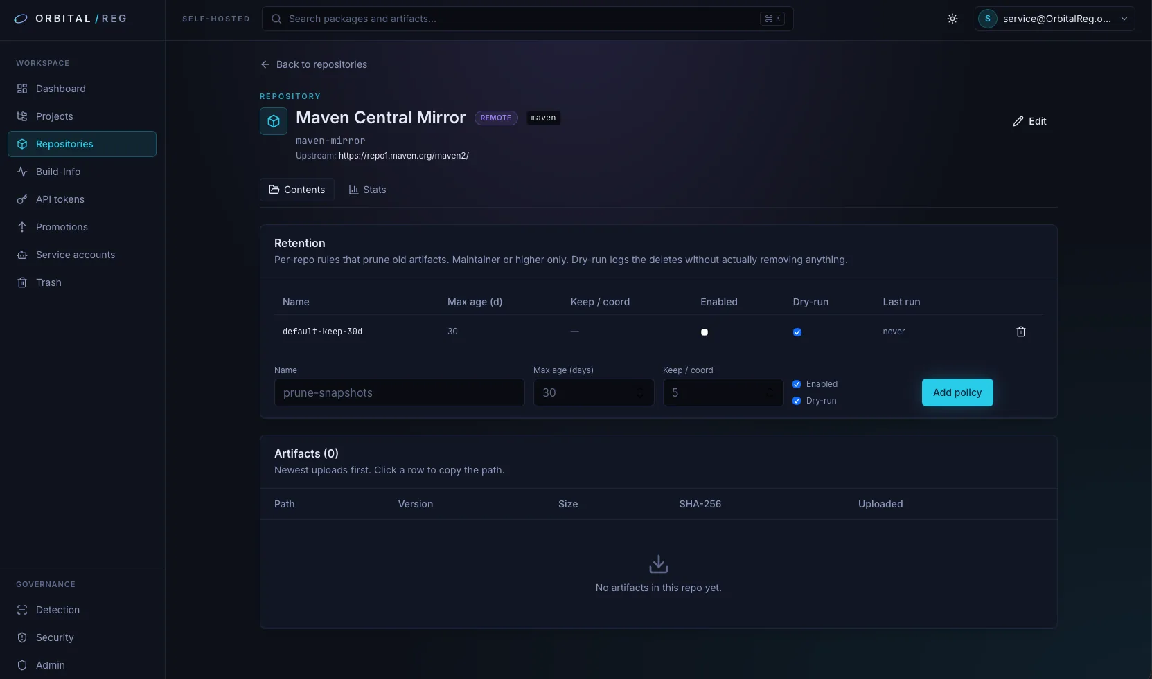 Repository detail with retention policies